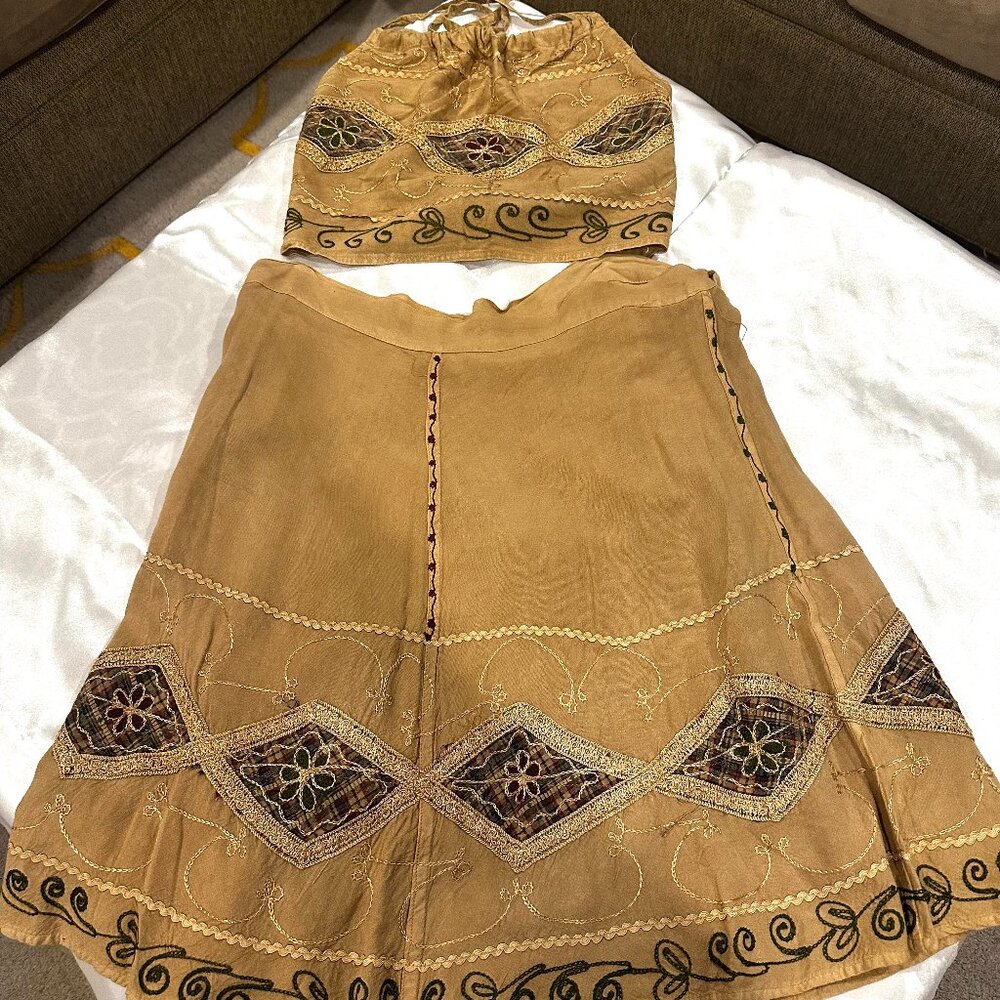 Tan Colored 2 Piece Tie Back Halter & Wrap Around Skirt Set, Size M